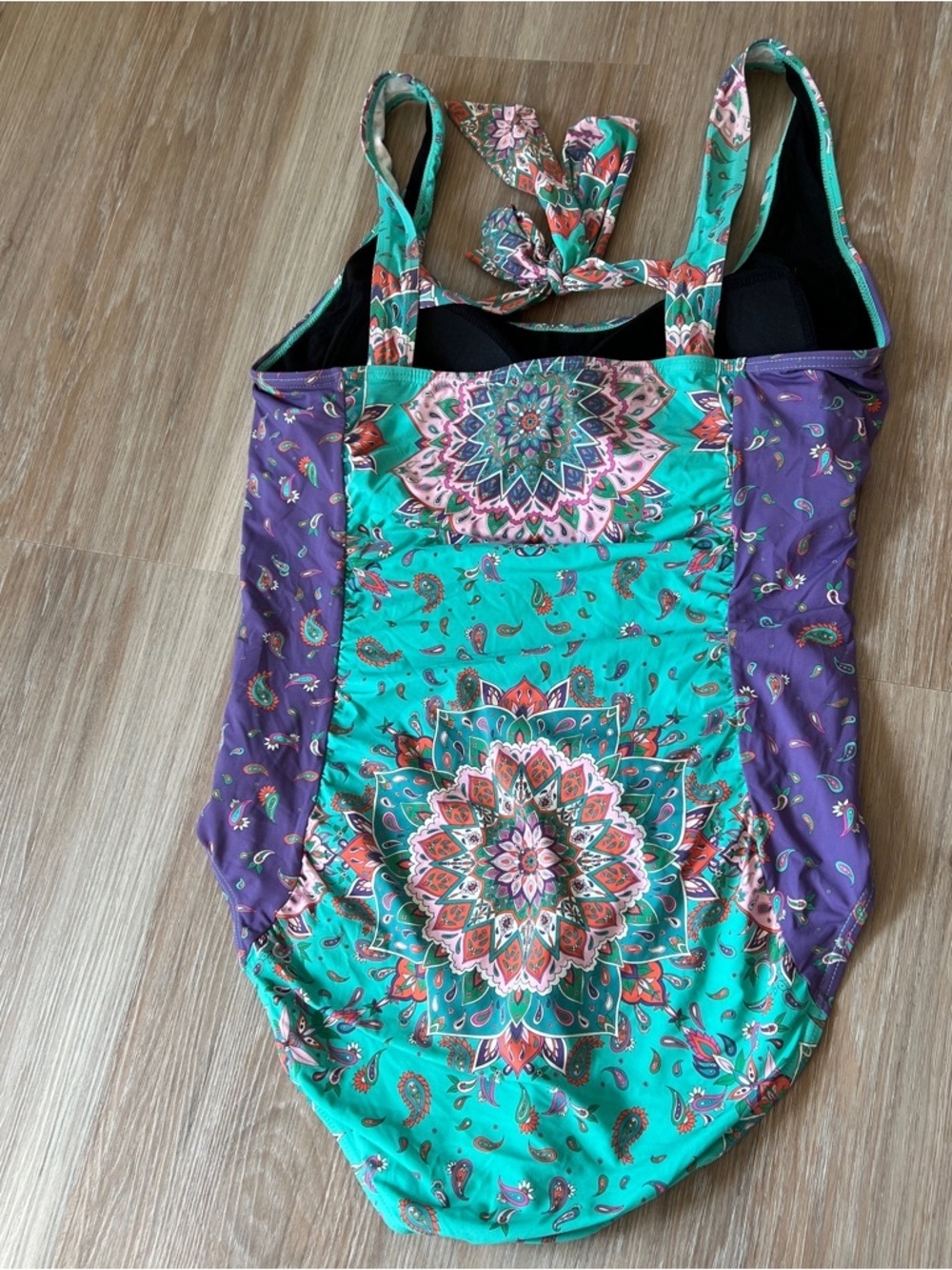 Sundance Boho Paisley One Piece Swimsuit Back Tie Size Large built in cups blue - Picture 2 of 5